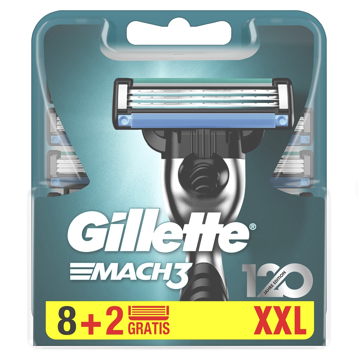 Die Gillette Mach3 8er-Klingenpackung enthält im Jubiläumsmonat zwei zusätzliche Klingen. 