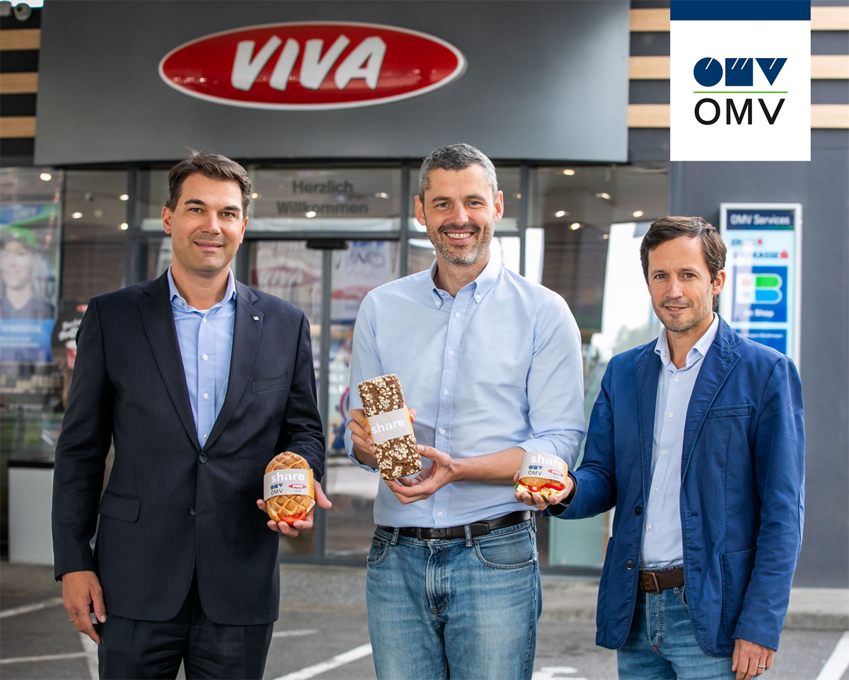 Gernot Gollner, Leiter des OMV Tankstellengeschäfts in Österreich, Sebastian Stricker, Mitgründer und CEO von share und Klaus Schwertner, Gf. Caritasdirektor der Erzdiözese Wien